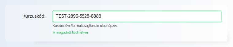 Helyesen megadott kurzuskód